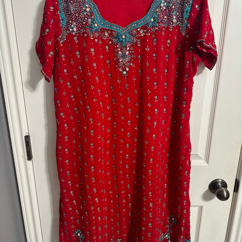 Red Salwaar Kameez with silver and blue details